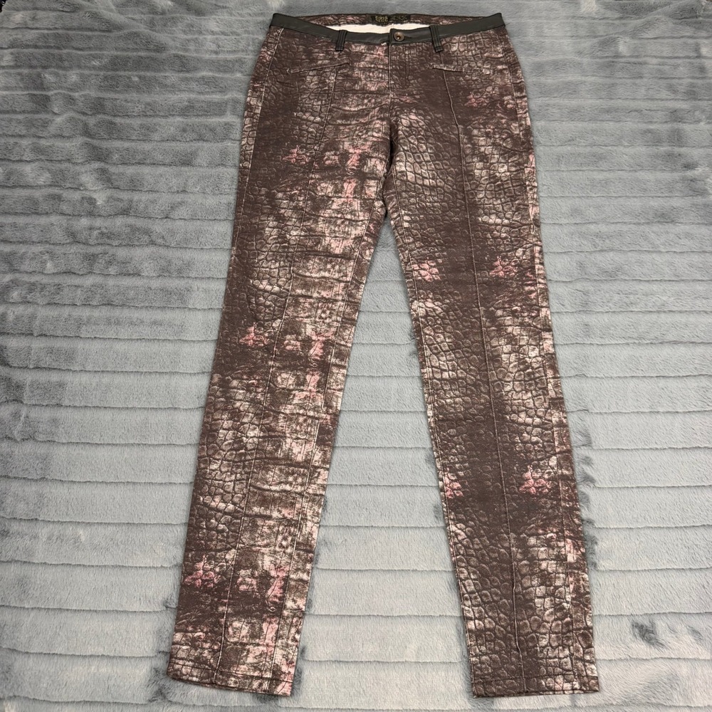 Zara Z1975 Denim Metallic Crocodile Embossed Skinny Pants Brown Pink Womens 4
